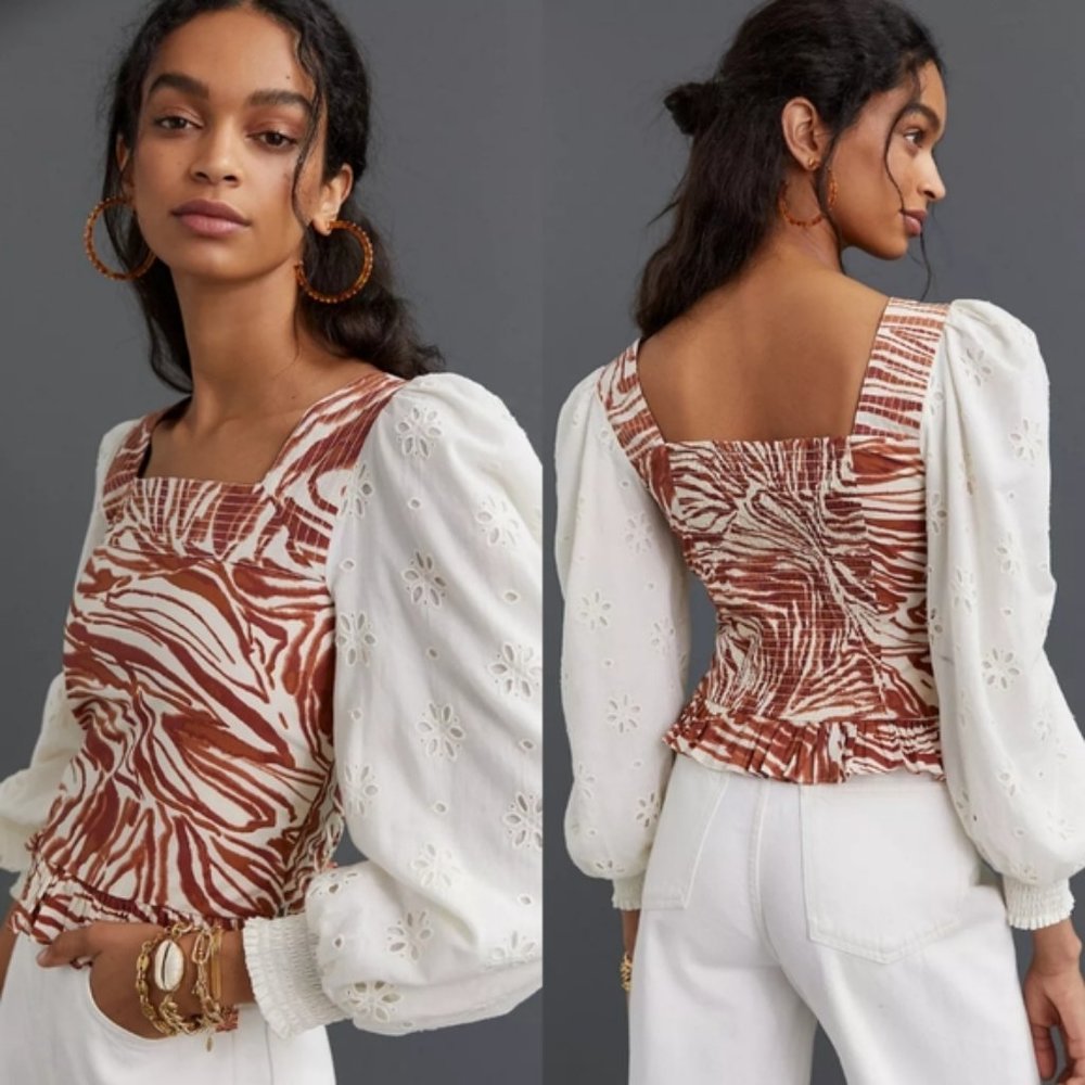 Anthropologie Love the Label Smocked Zebra Blouse with Eyelet Puff Sleeves